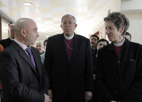 Dr. Walid Kerry, the general manager of St. Luke’s Hospital in Nablus, Bishop James Magness and Presiding Bishop Katharine Jefferts Schori during a recent visit to the hospital. ENS Photo/Lynette Wilson