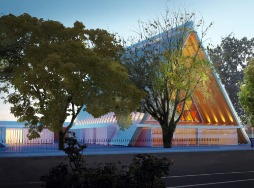 At night, the light from inside the Diocese of Christchurch’s Transitional Cathedral will make the building appear to glow through the polycarbonate roof from the gaps between the cardboard tubes. Photo/Christchurch Cathedral