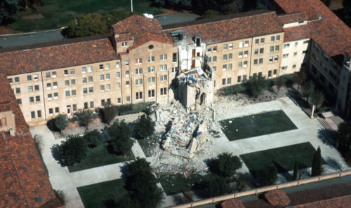 One person died at St. Joseph’s Seminary in Los Altos, California when a five-story tower collapsed during the 1989 Loma Prieta earthquake, a magnitude-6.9 temblor that hit the San Francisco Bay area. Photo/U.S. Geological Survey
