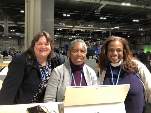 Lynnaia Main, The Episcopal Church's representative to the United Nations (left), Ruth Ivory-Moore, the Evangelical Lutheran Church in America’s director for environment and corporate social responsibility (center) and the Rev. Melanie Mullen, The Episcopal Church’s director of reconciliation, justice and creation care (right) at the United Nations Climate Conference COP 25 in Madrid, Spain, on Dec. 4, 2019. Photo courtesy of Lynnaia Main